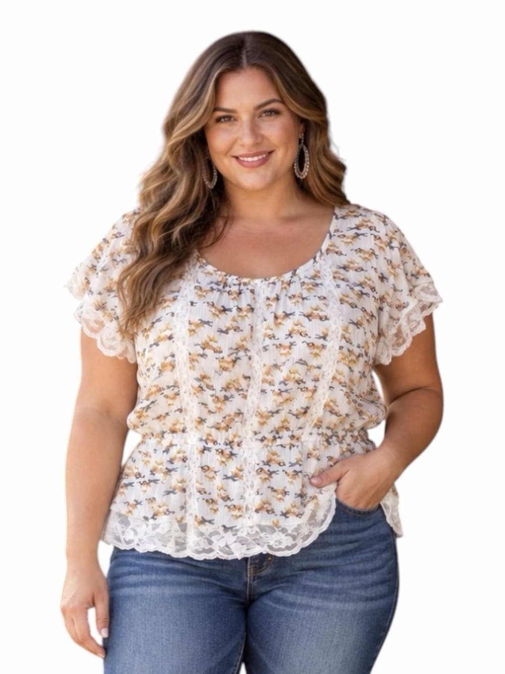 Princess Vera Wang Large Semi Sheer Horse Print Lace Blouse Cottagecore Cowgirl